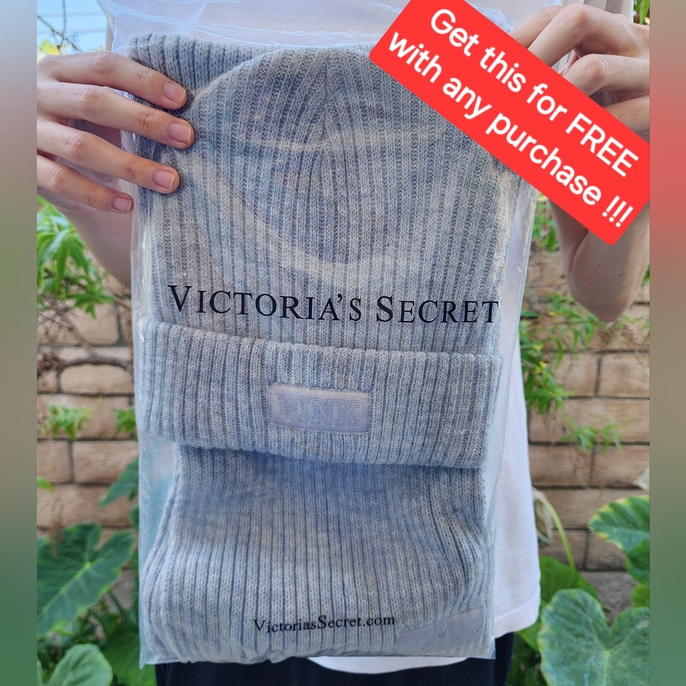 FREE with purchase! New $32 Victoria's Secret grey knit beanie cap and scarf set